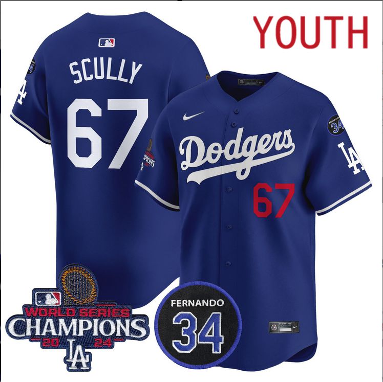 Youth MLB Los Angeles Dodgers 67 Scully blue2024 World Series Champions Patch Limited Jersey style 4